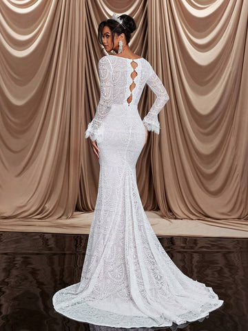 Elegant Luxurious V-Neck Long Sleeve Sheer Lace Bodycon Mermaid With Train Dress, Suitable For Wedding, Party, Prom, Vacation Events