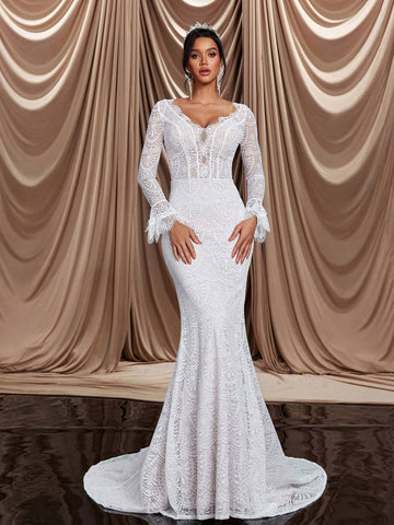 Elegant Luxurious V-Neck Long Sleeve Sheer Lace Bodycon Mermaid With Train Dress, Suitable For Wedding, Party, Prom, Vacation Events