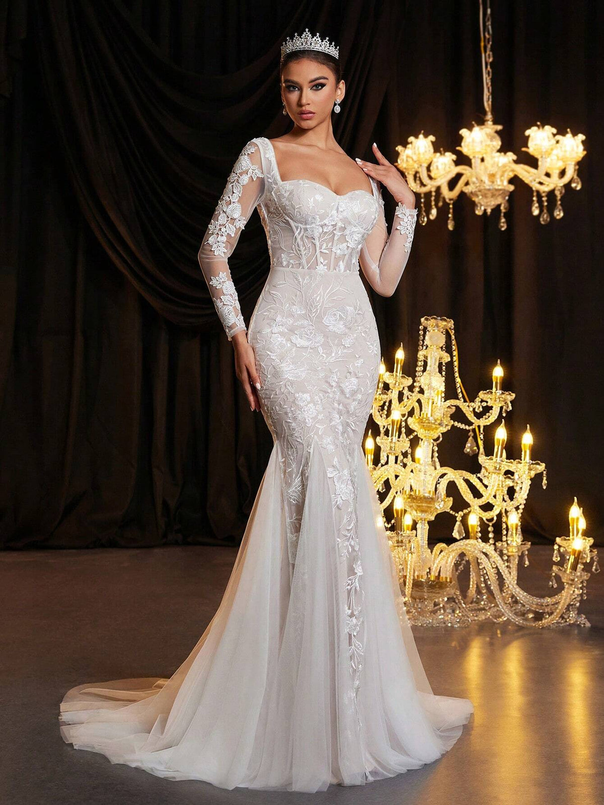 Elegant Luxurious White Contrast Lace Detail Sheer Long Sleeve Bodice And Classic French See-Through Lace Tight Corset Boning And Fan Shaped Hem Mesh Thin Tulle Mermaid Wedding Dress With Long Train