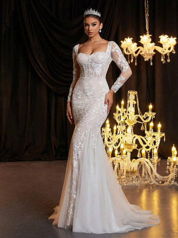 Elegant Luxurious White Contrast Lace Detail Sheer Long Sleeve Bodice And Classic French See-Through Lace Tight Corset Boning And Fan Shaped Hem Mesh Thin Tulle Mermaid Wedding Dress With Long Train