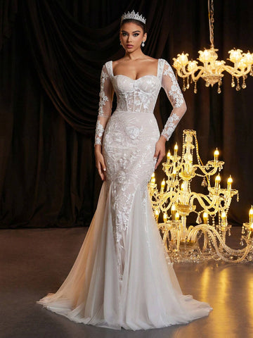 Elegant Luxurious White Contrast Lace Detail Sheer Long Sleeve Bodice And Classic French See-Through Lace Tight Corset Boning And Fan Shaped Hem Mesh Thin Tulle Mermaid Wedding Dress With Long Train