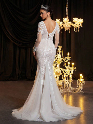 Elegant Luxurious White Contrast Lace Detail Sheer Long Sleeve Bodice And Classic French See-Through Lace Tight Corset Boning And Fan Shaped Hem Mesh Thin Tulle Mermaid Wedding Dress With Long Train