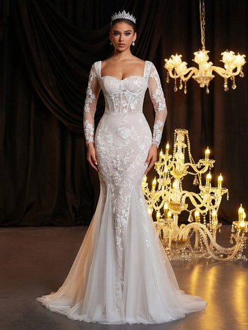 Elegant Luxurious White Contrast Lace Detail Sheer Long Sleeve Bodice And Classic French See-Through Lace Tight Corset Boning And Fan Shaped Hem Mesh Thin Tulle Mermaid Wedding Dress With Long Train