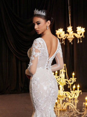 Elegant Luxurious White Contrast Lace Detail Sheer Long Sleeve Bodice And Classic French See-Through Lace Tight Corset Boning And Fan Shaped Hem Mesh Thin Tulle Mermaid Wedding Dress With Long Train