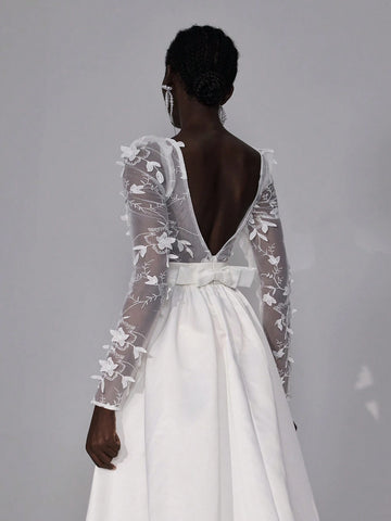 Elegant Luxurious White Sheer Long Sleeve Lace Embroidery Splice Satin Maxi Dress With Long Train, Suitable For Weddings, Parties, Vacations & Informal Bridal Gowns