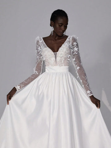 Elegant Luxurious White Sheer Long Sleeve Lace Embroidery Splice Satin Maxi Dress With Long Train, Suitable For Weddings, Parties, Vacations & Informal Bridal Gowns