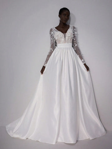 Elegant Luxurious White Sheer Long Sleeve Lace Embroidery Splice Satin Maxi Dress With Long Train, Suitable For Weddings, Parties, Vacations & Informal Bridal Gowns