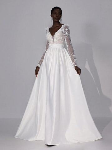 Elegant Luxurious White Sheer Long Sleeve Lace Embroidery Splice Satin Maxi Dress With Long Train, Suitable For Weddings, Parties, Vacations & Informal Bridal Gowns