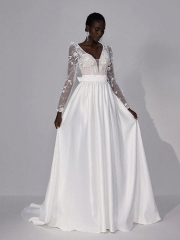 Elegant Luxurious White Sheer Long Sleeve Lace Embroidery Splice Satin Maxi Dress With Long Train, Suitable For Weddings, Parties, Vacations & Informal Bridal Gowns