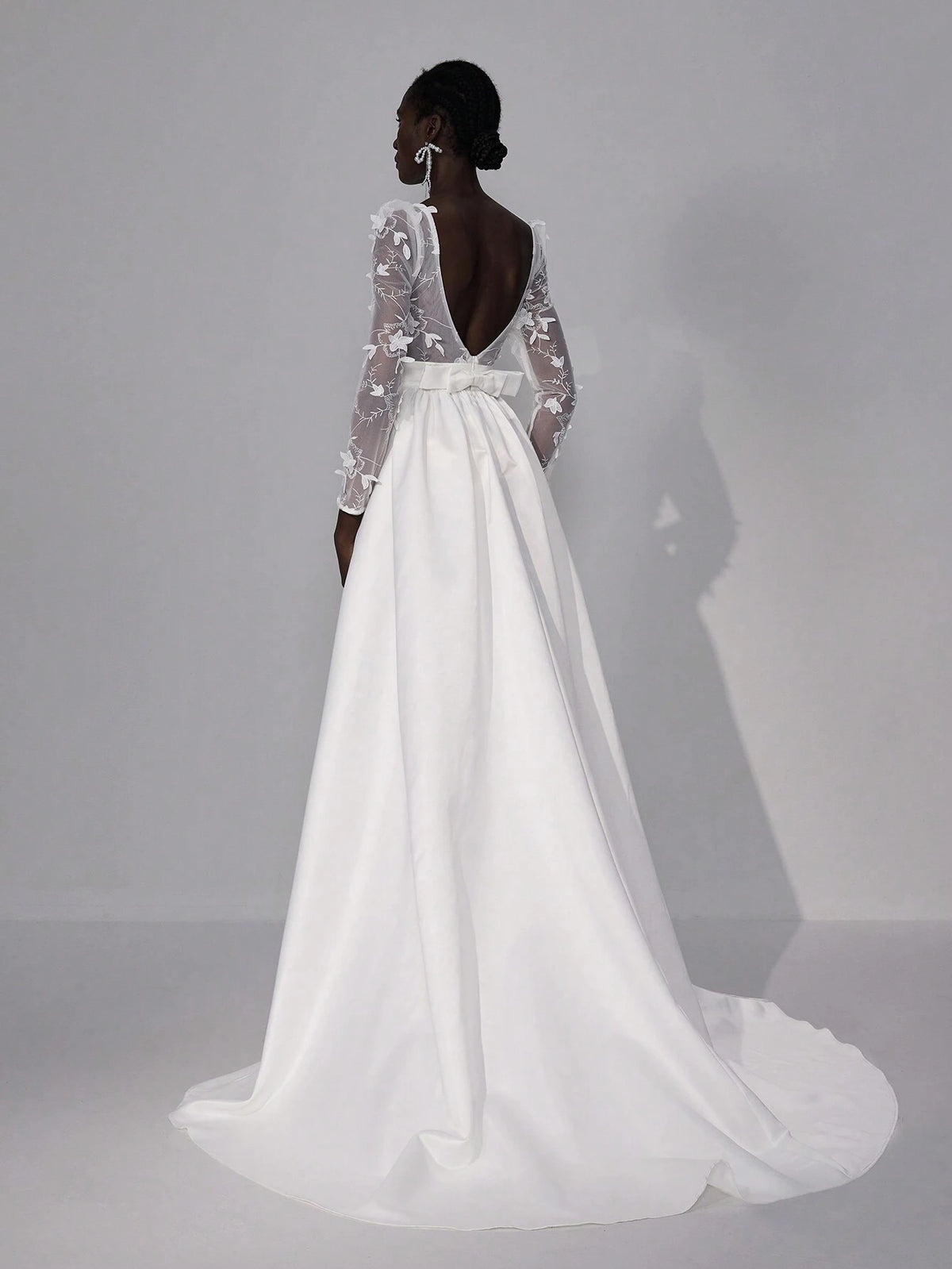 Elegant Luxurious White Sheer Long Sleeve Lace Embroidery Splice Satin Maxi Dress With Long Train, Suitable For Weddings, Parties, Vacations & Informal Bridal Gowns