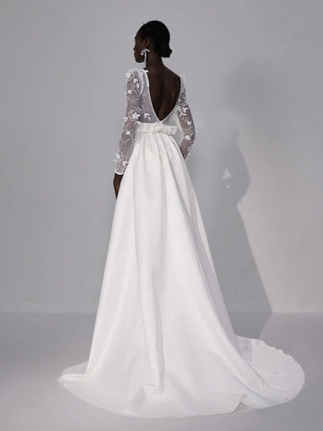 Elegant Luxurious White Sheer Long Sleeve Lace Embroidery Splice Satin Maxi Dress With Long Train, Suitable For Weddings, Parties, Vacations & Informal Bridal Gowns