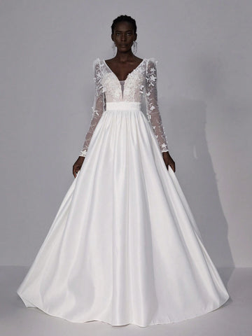 Elegant Luxurious White Sheer Long Sleeve Lace Embroidery Splice Satin Maxi Dress With Long Train, Suitable For Weddings, Parties, Vacations & Informal Bridal Gowns