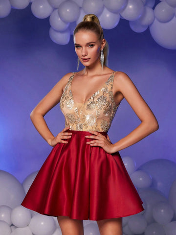 Elegant, Luxurious & Cute Champagne & Red Contrast Strapless Bustier With Boning, Luxury Pearl Embroidery Lace & Satin Ruffled Mini Skirt, Suitable For Graduation Ceremony, Holiday Party, Prom Dress