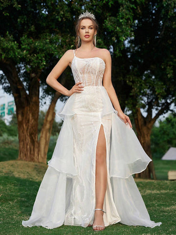 Elegant Luxury Atmosphere White One Shoulder Embroidered Mesh Sheer Bust Cup  Tower Skirt A Swing Trailing Skirt Back Width Functional Straps Outdoor Wedding Lawn Wedding Indoor Wedding Vacation Travel Heavy Duty Wedding Dresses