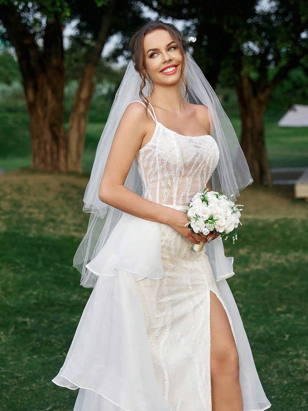 Elegant Luxury Atmosphere White One Shoulder Embroidered Mesh Sheer Bust Cup  Tower Skirt A Swing Trailing Skirt Back Width Functional Straps Outdoor Wedding Lawn Wedding Indoor Wedding Vacation Travel Heavy Duty Wedding Dresses