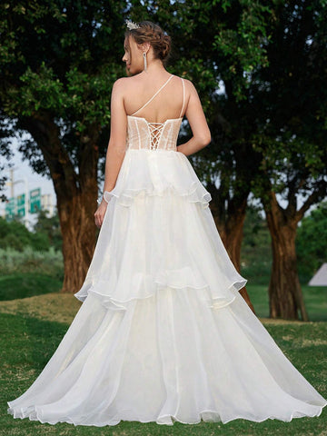 Elegant Luxury Atmosphere White One Shoulder Embroidered Mesh Sheer Bust Cup  Tower Skirt A Swing Trailing Skirt Back Width Functional Straps Outdoor Wedding Lawn Wedding Indoor Wedding Vacation Travel Heavy Duty Wedding Dresses