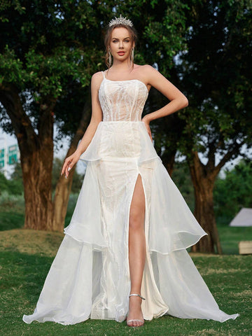 Elegant Luxury Atmosphere White One Shoulder Embroidered Mesh Sheer Bust Cup  Tower Skirt A Swing Trailing Skirt Back Width Functional Straps Outdoor Wedding Lawn Wedding Indoor Wedding Vacation Travel Heavy Duty Wedding Dresses