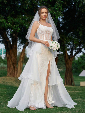 Elegant Luxury Atmosphere White One Shoulder Embroidered Mesh Sheer Bust Cup  Tower Skirt A Swing Trailing Skirt Back Width Functional Straps Outdoor Wedding Lawn Wedding Indoor Wedding Vacation Travel Heavy Duty Wedding Dresses