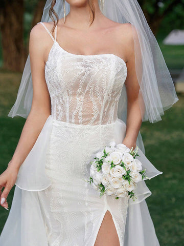 Elegant Luxury Atmosphere White One Shoulder Embroidered Mesh Sheer Bust Cup  Tower Skirt A Swing Trailing Skirt Back Width Functional Straps Outdoor Wedding Lawn Wedding Indoor Wedding Vacation Travel Heavy Duty Wedding Dresses