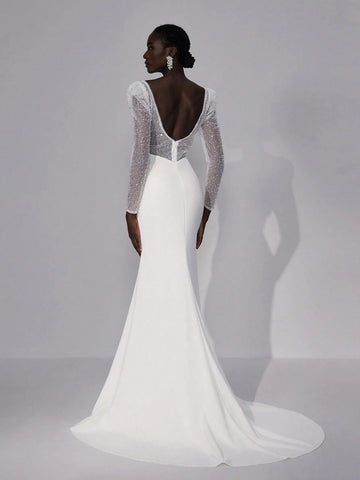 Elegant Luxury Beige Sheer Long Sleeve V Neck Pleat Ruching Pearl Splice Bandage Fishtail Mermaid Dress With Train, Suitable For Wedding, Bridal Shower, Bachelorette Party