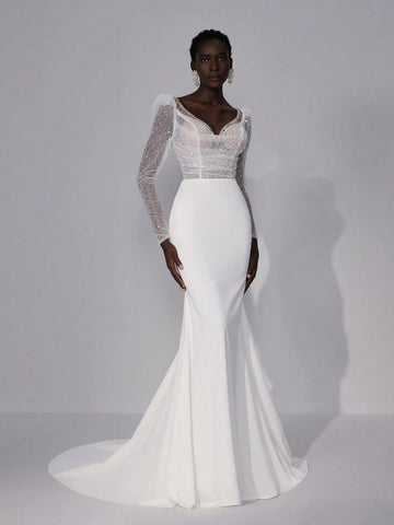 Elegant Luxury Beige Sheer Long Sleeve V Neck Pleat Ruching Pearl Splice Bandage Fishtail Mermaid Dress With Train, Suitable For Wedding, Bridal Shower, Bachelorette Party