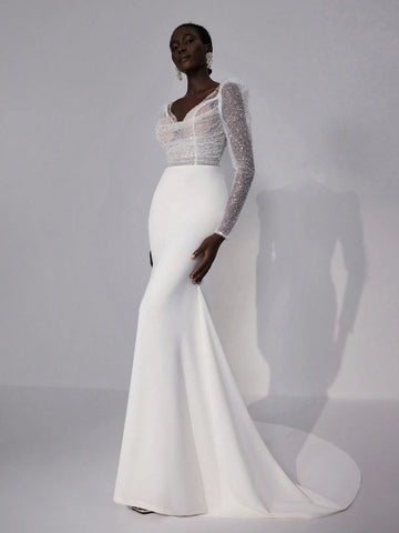 Elegant Luxury Beige Sheer Long Sleeve V Neck Pleat Ruching Pearl Splice Bandage Fishtail Mermaid Dress With Train, Suitable For Wedding, Bridal Shower, Bachelorette Party