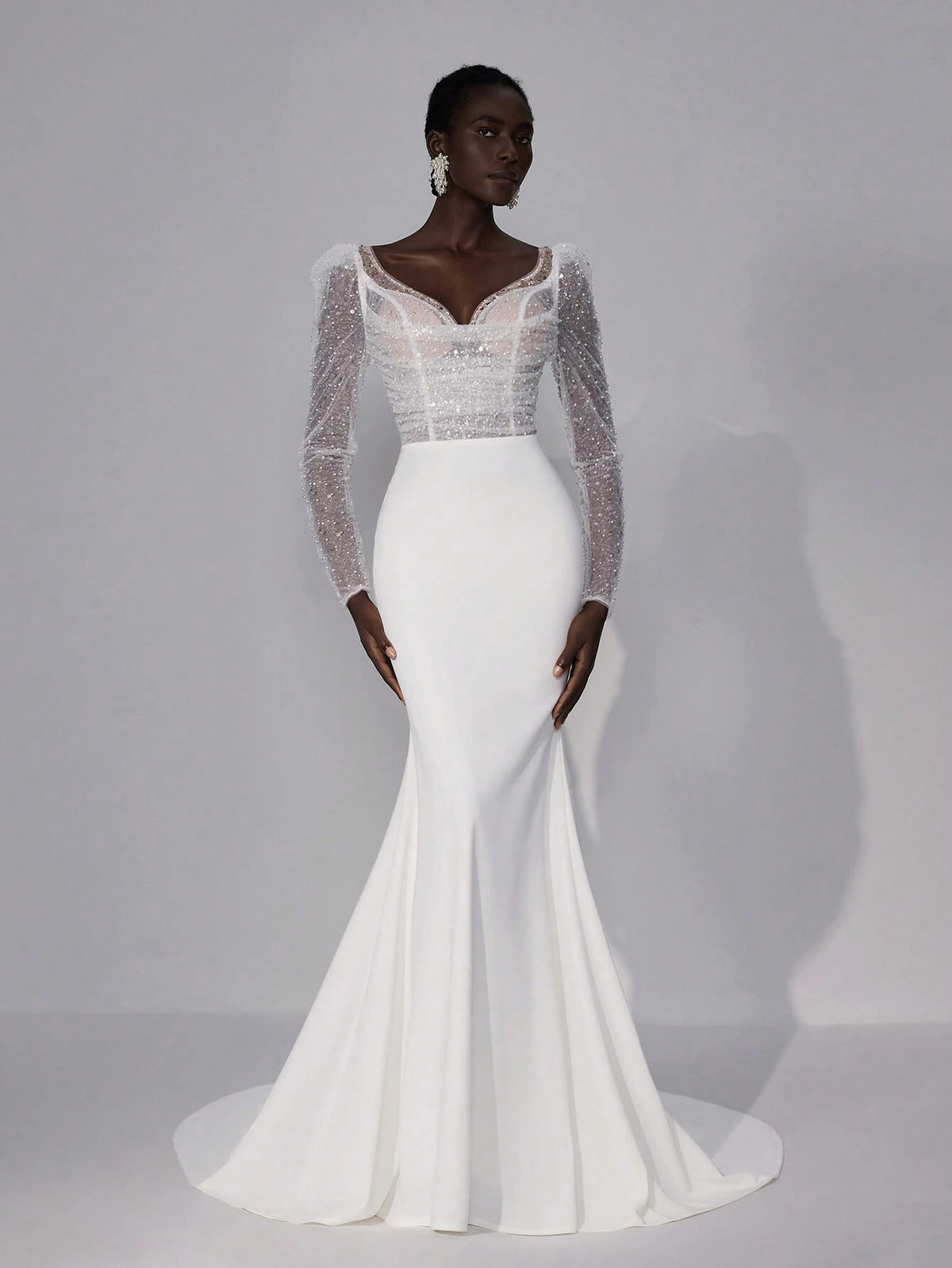 Elegant Luxury Beige Sheer Long Sleeve V Neck Pleat Ruching Pearl Splice Bandage Fishtail Mermaid Dress With Train, Suitable For Wedding, Bridal Shower, Bachelorette Party