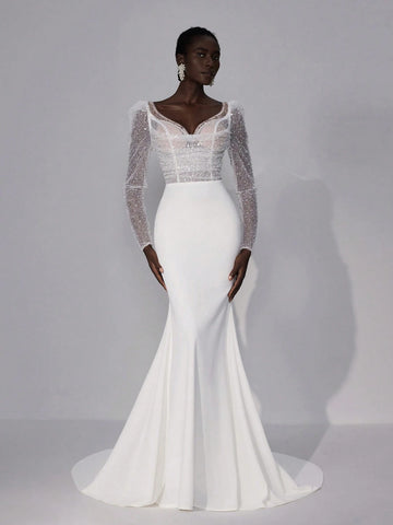 Elegant Luxury Beige Sheer Long Sleeve V Neck Pleat Ruching Pearl Splice Bandage Fishtail Mermaid Dress With Train, Suitable For Wedding, Bridal Shower, Bachelorette Party