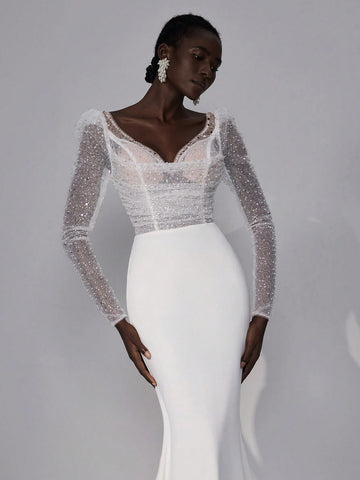 Elegant Luxury Beige Sheer Long Sleeve V Neck Pleat Ruching Pearl Splice Bandage Fishtail Mermaid Dress With Train, Suitable For Wedding, Bridal Shower, Bachelorette Party