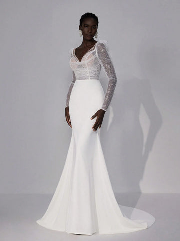 Elegant Luxury Beige Sheer Long Sleeve V Neck Pleat Ruching Pearl Splice Bandage Fishtail Mermaid Dress With Train, Suitable For Wedding, Bridal Shower, Bachelorette Party