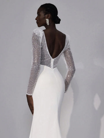 Elegant Luxury Beige Sheer Long Sleeve V Neck Pleat Ruching Pearl Splice Bandage Fishtail Mermaid Dress With Train, Suitable For Wedding, Bridal Shower, Bachelorette Party