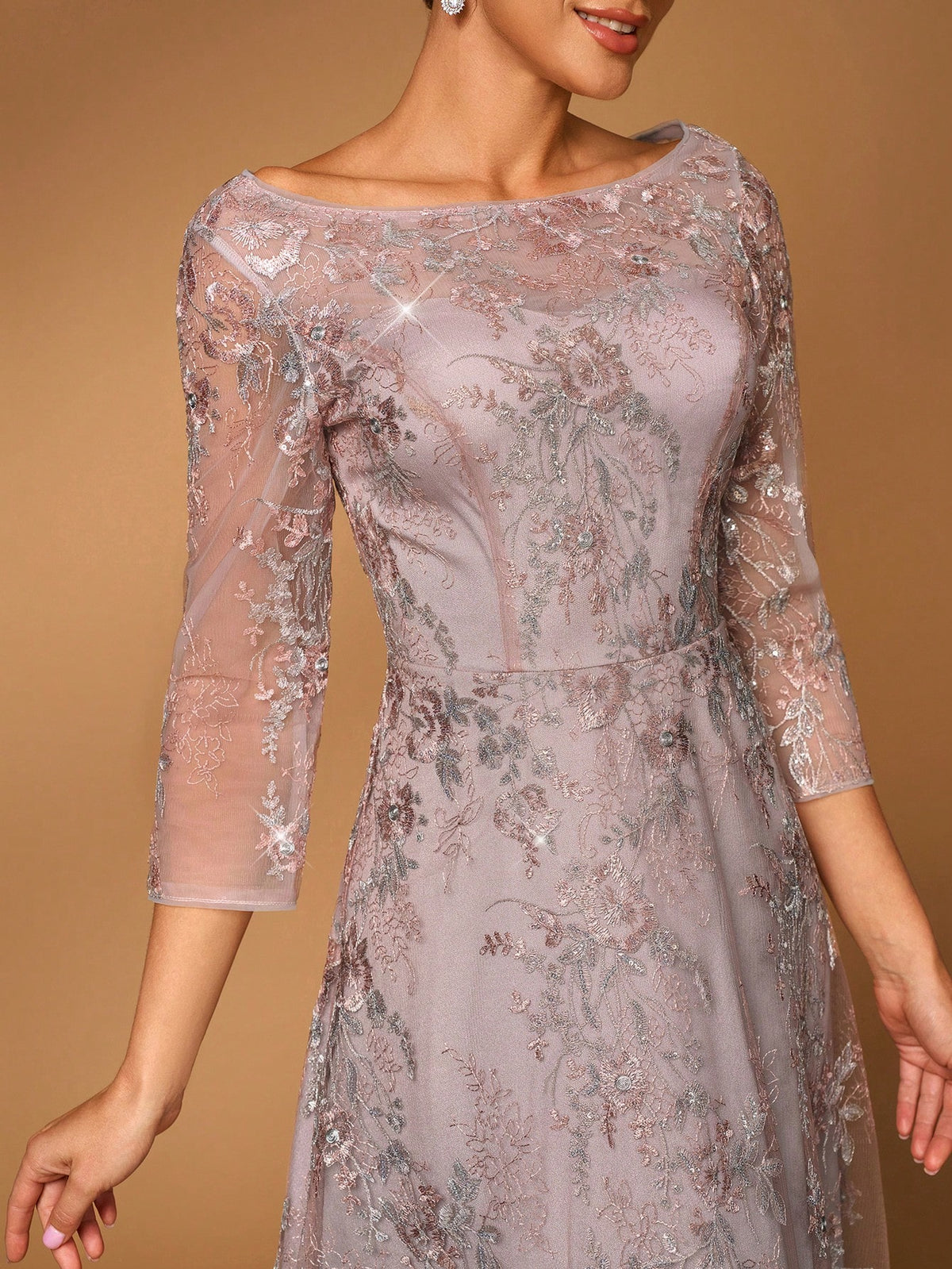 Elegant Luxury Embroidered Sequin Lace Sheer Long Sleeve A-Line Dress, Suitable For Wedding, Party, Holiday, Ball, Prom, Mother Of The Bride Evening Gown