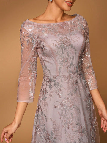 Elegant Luxury Embroidered Sequin Lace Sheer Long Sleeve A-Line Dress, Suitable For Wedding, Party, Holiday, Ball, Prom, Mother Of The Bride Evening Gown