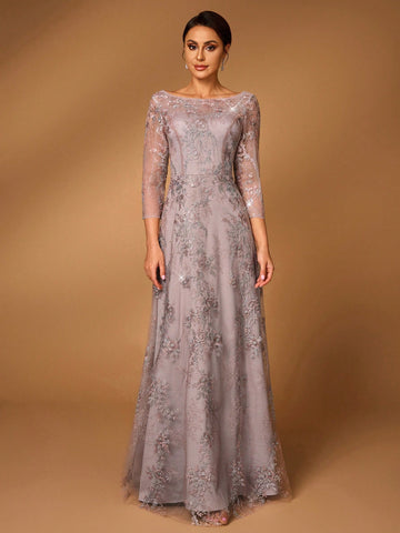 Elegant Luxury Embroidered Sequin Lace Sheer Long Sleeve A-Line Dress, Suitable For Wedding, Party, Holiday, Ball, Prom, Mother Of The Bride Evening Gown