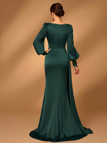 Elegant Luxury Emerald Green Pearls & Sequins Patchwork Elastic Satin Mermaid Skirt With Side Ruffle, Suitable For Wedding, Party, Date, Prom, Evening Gown, Mother Of The Bride