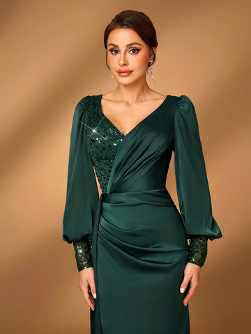 Elegant Luxury Emerald Green Pearls & Sequins Patchwork Elastic Satin Mermaid Skirt With Side Ruffle, Suitable For Wedding, Party, Date, Prom, Evening Gown, Mother Of The Bride