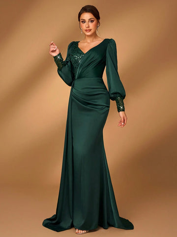 Elegant Luxury Emerald Green Pearls & Sequins Patchwork Elastic Satin Mermaid Skirt With Side Ruffle, Suitable For Wedding, Party, Date, Prom, Evening Gown, Mother Of The Bride
