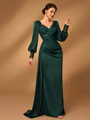 Elegant Luxury Emerald Green Pearls & Sequins Patchwork Elastic Satin Mermaid Skirt With Side Ruffle, Suitable For Wedding, Party, Date, Prom, Evening Gown, Mother Of The Bride