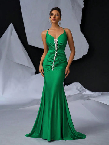 Elegant Luxury Halter Bra Cups V-Neck Front Center Pleated Front  Dragging Pendulum Fishtail Back Width Sexy Big Backless Cross Straps (A Variety Of Ways To Tie) Graduation Season Wedding Season Holiday Singles Party Dinner Party Heavy Work Gift