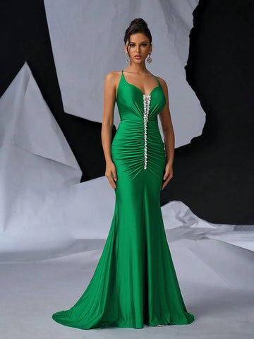 Elegant Luxury Halter Bra Cups V-Neck Front Center Pleated Front  Dragging Pendulum Fishtail Back Width Sexy Big Backless Cross Straps (A Variety Of Ways To Tie) Graduation Season Wedding Season Holiday Singles Party Dinner Party Heavy Work Gift