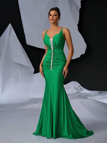 Elegant Luxury Halter Bra Cups V-Neck Front Center Pleated Front  Dragging Pendulum Fishtail Back Width Sexy Big Backless Cross Straps (A Variety Of Ways To Tie) Graduation Season Wedding Season Holiday Singles Party Dinner Party Heavy Work Gift