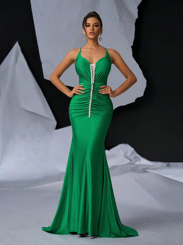 Elegant Luxury Halter Bra Cups V-Neck Front Center Pleated Front  Dragging Pendulum Fishtail Back Width Sexy Big Backless Cross Straps (A Variety Of Ways To Tie) Graduation Season Wedding Season Holiday Singles Party Dinner Party Heavy Work Gift