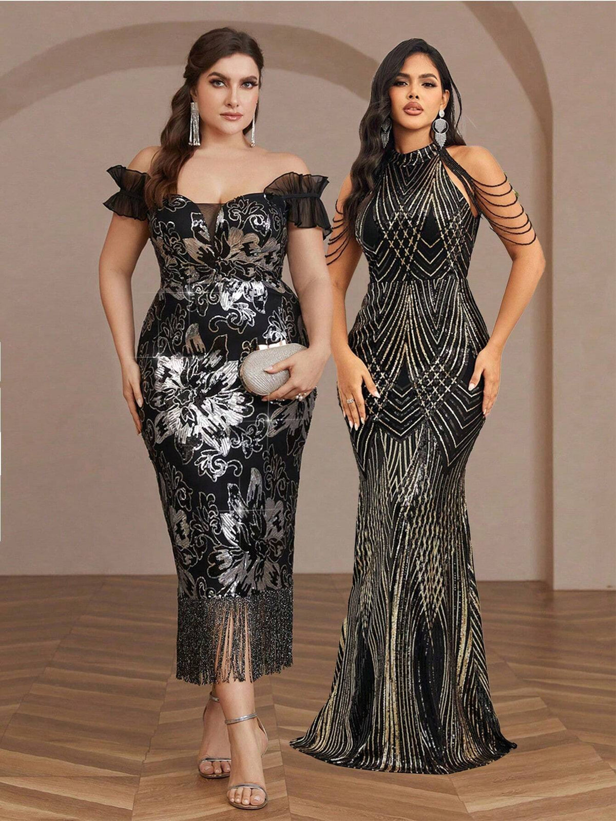 Elegant Luxury Party Black Gold Positioned Beads Baby Stand Collar Bra Cups Tassels Handmade Beading Drop Sleeves Fitted Arms High Waist Knee Floor Mermaid Dress Date Party Graduation Wedding Events Music Festival Heavy Duty Evening Gown