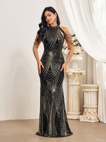 Elegant Luxury Party Black Gold Positioned Beads Baby Stand Collar Bra Cups Tassels Handmade Beading Drop Sleeves Fitted Arms High Waist Knee Floor Mermaid Dress Date Party Graduation Wedding Events Music Festival Heavy Duty Evening Gown