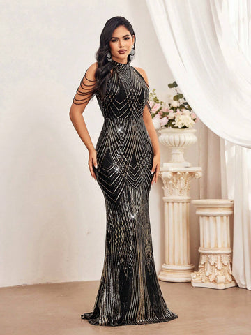 Elegant Luxury Party Black Gold Positioned Beads Baby Stand Collar Bra Cups Tassels Handmade Beading Drop Sleeves Fitted Arms High Waist Knee Floor Mermaid Dress Date Party Graduation Wedding Events Music Festival Heavy Duty Evening Gown