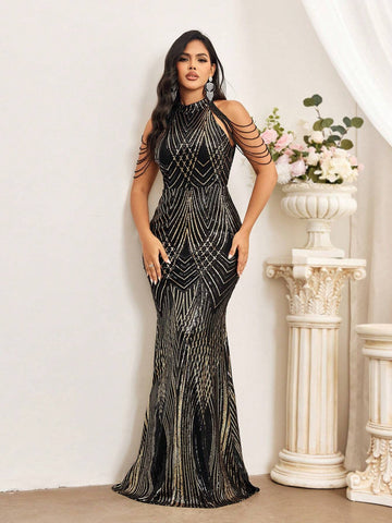 Elegant Luxury Party Black Gold Positioned Beads Baby Stand Collar Bra Cups Tassels Handmade Beading Drop Sleeves Fitted Arms High Waist Knee Floor Mermaid Dress Date Party Graduation Wedding Events Music Festival Heavy Duty Evening Gown