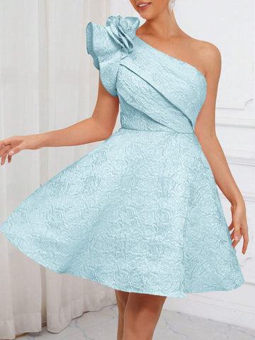 Elegant Luxury Romantic Cute Soft Charming Exquisite Fashion Women's Pink 3D Jacquard Asymmetric Ruched Front Gathered Bust High Waist A-Line Hem Wedding Guest Party Graduation Prom Cocktail Dress