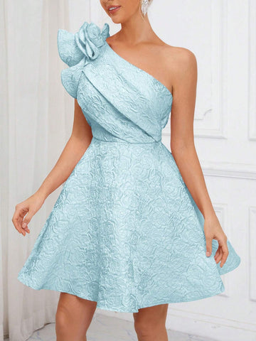 Elegant Luxury Romantic Cute Soft Charming Exquisite Fashion Women's Pink 3D Jacquard Asymmetric Ruched Front Gathered Bust High Waist A-Line Hem Wedding Guest Party Graduation Prom Cocktail Dress