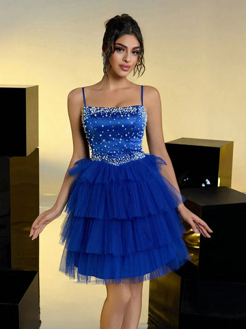Elegant Luxury Sapphire Blue Satin Contrast Mesh Tulle Beaded Ruffle Maxi Dress, Suitable For Weddings, Single Party, Vacation, Banquets