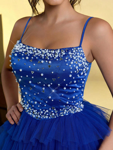 Elegant Luxury Sapphire Blue Satin Contrast Mesh Tulle Beaded Ruffle Maxi Dress, Suitable For Weddings, Single Party, Vacation, Banquets